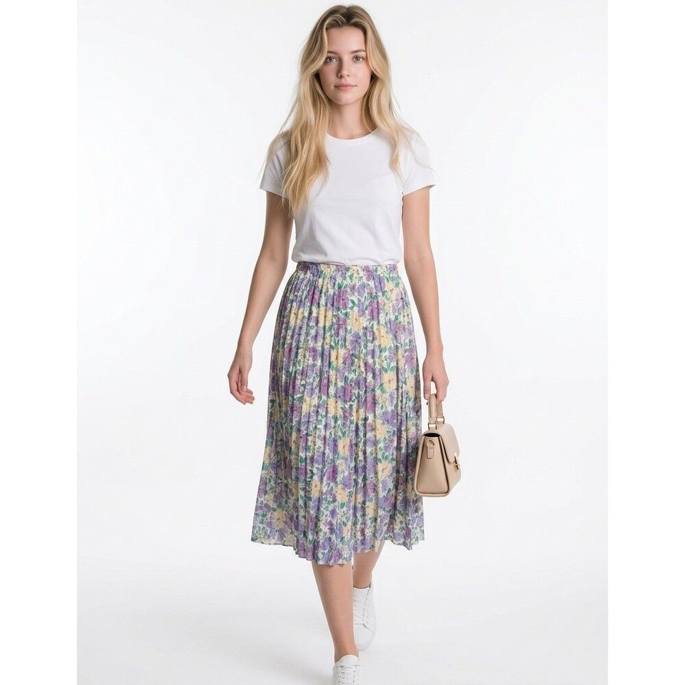 Baroness Waynes Midi Skirt Women Size 12 Purple Pleated Pull On Comfort USA - Picture 2 of 15